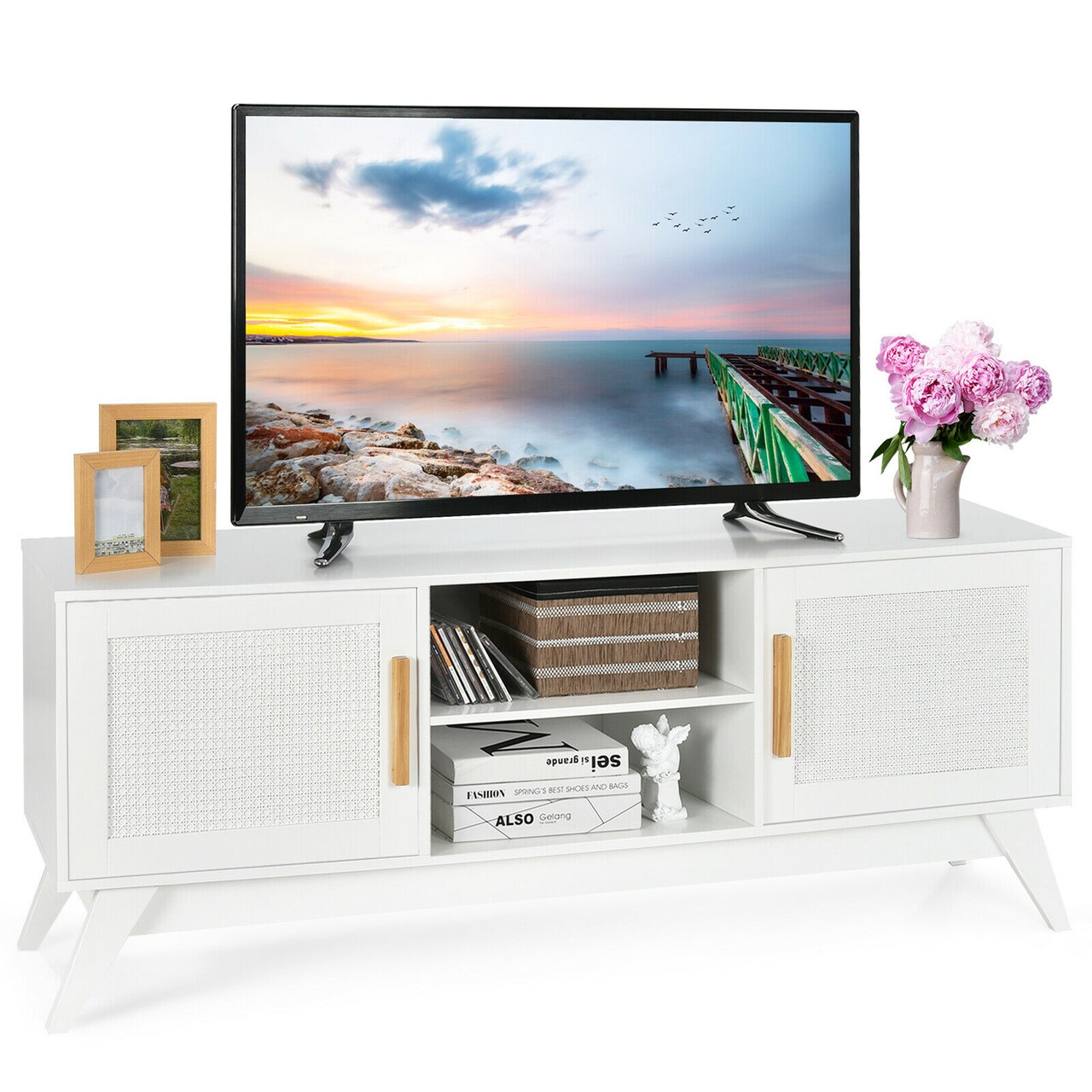 Costway TV Stand Entertainment Media Console w/ 2 Rattan Cabinets & Open Shelves
